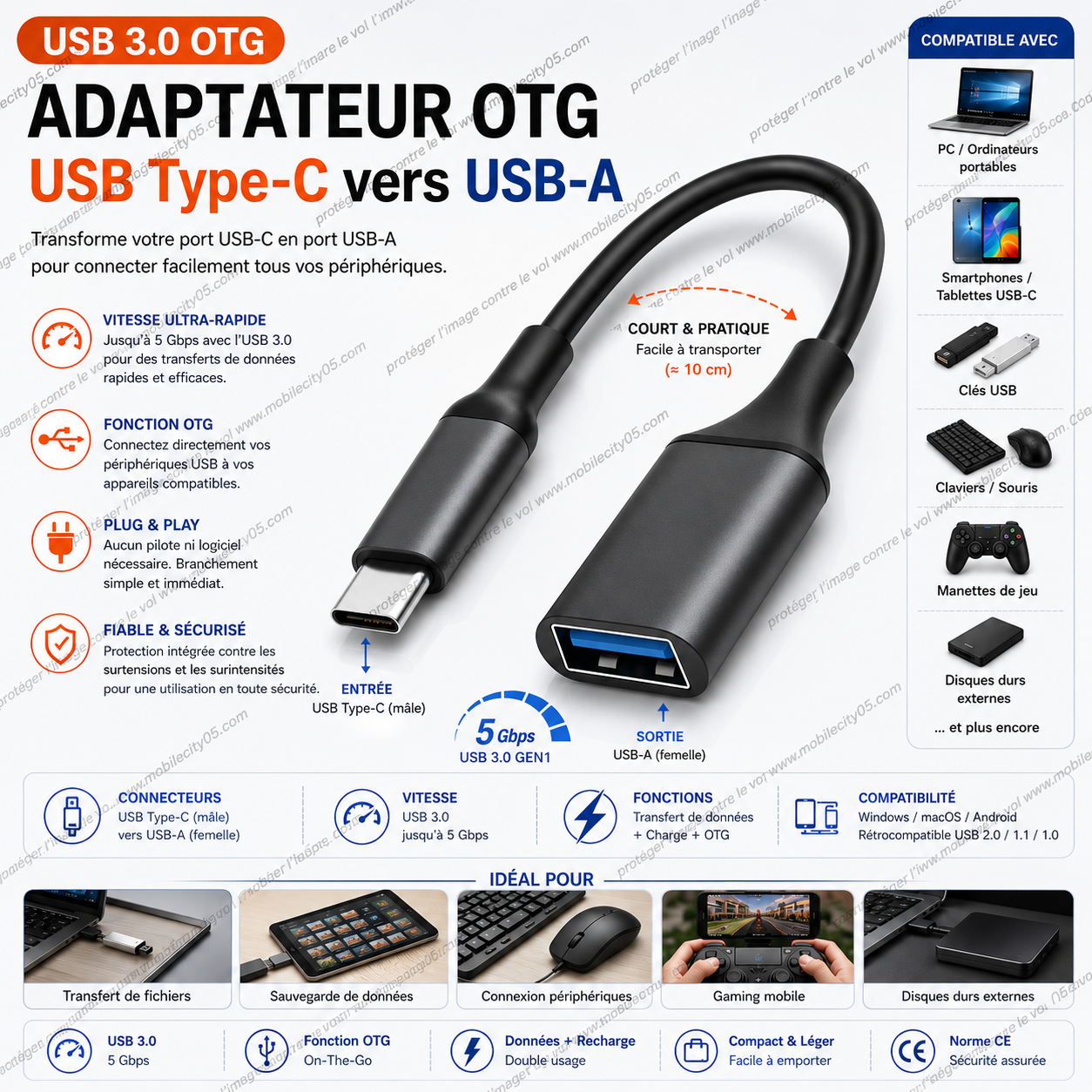 Adaptateur OTG USB 3.0 Type-C vers USB
