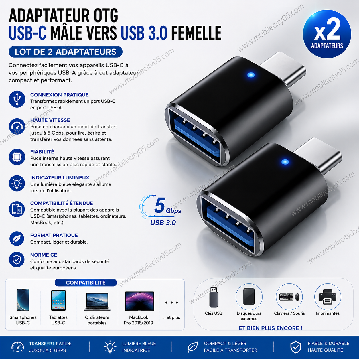 Adaptateur OTG USB-C Mâle vers USB 3.0 Femelle – Lot de 2