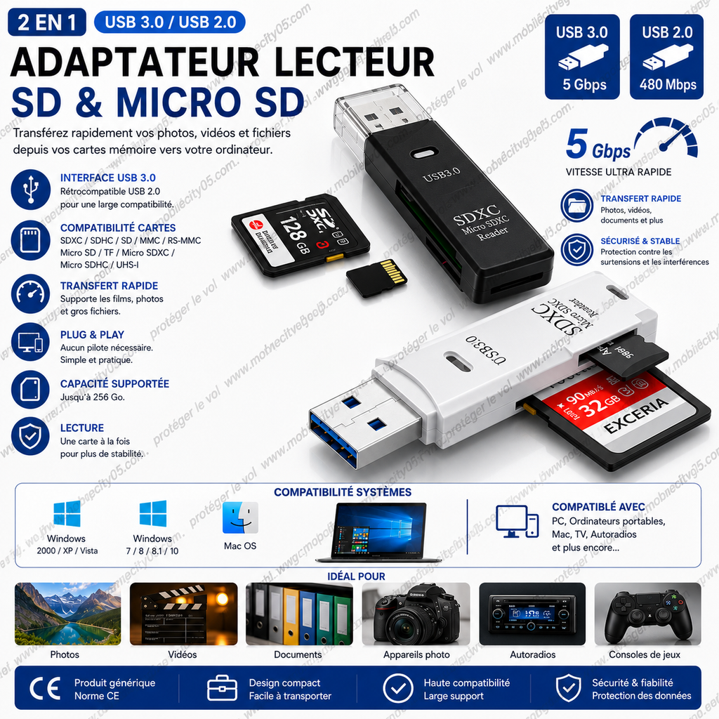 Adaptateur 2 en 1 USB 3.0 / USB 2.0 – Lecteur de cartes SD & Micro SD