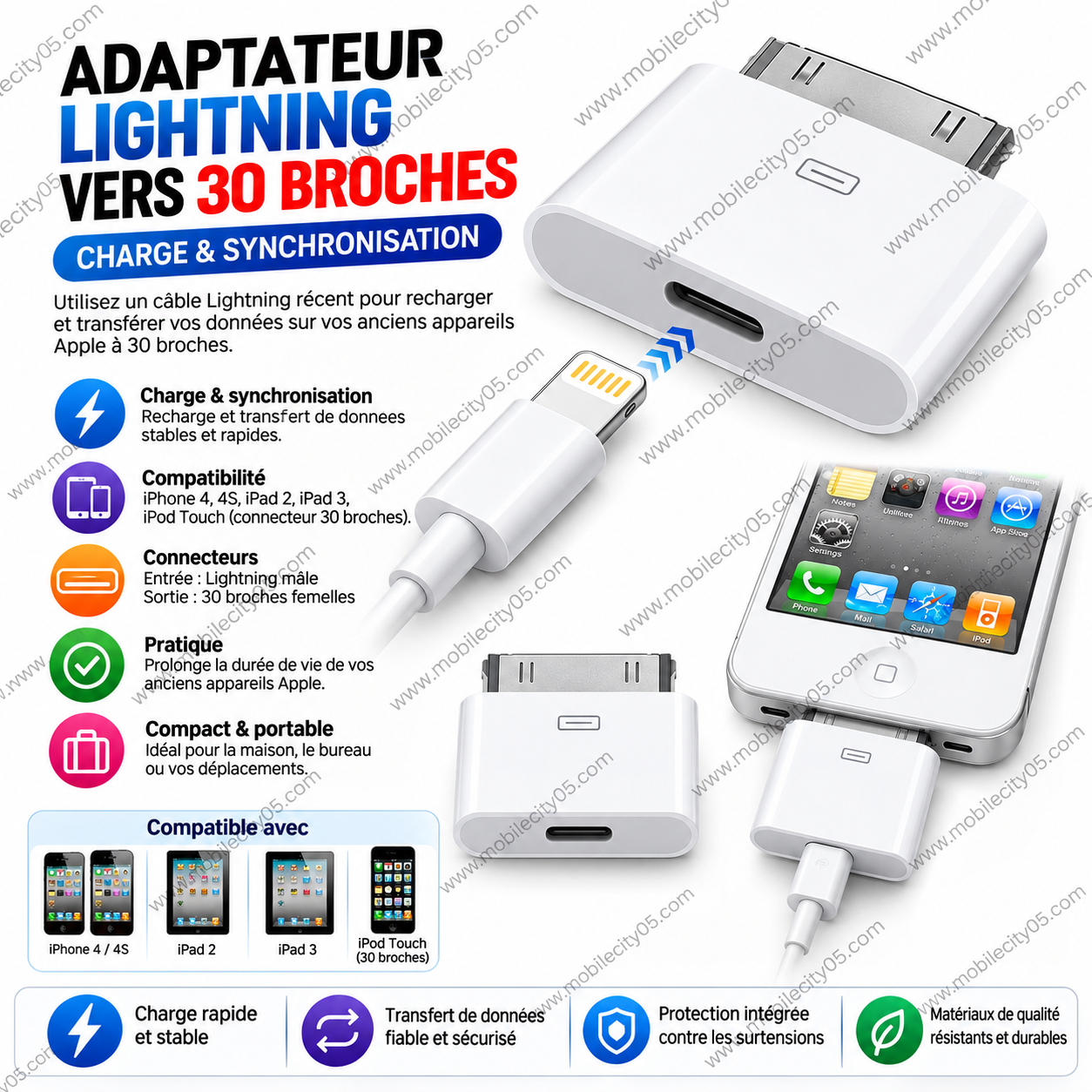 Adaptateur Lightning vers 30 Broches – Charge & Synchronisation