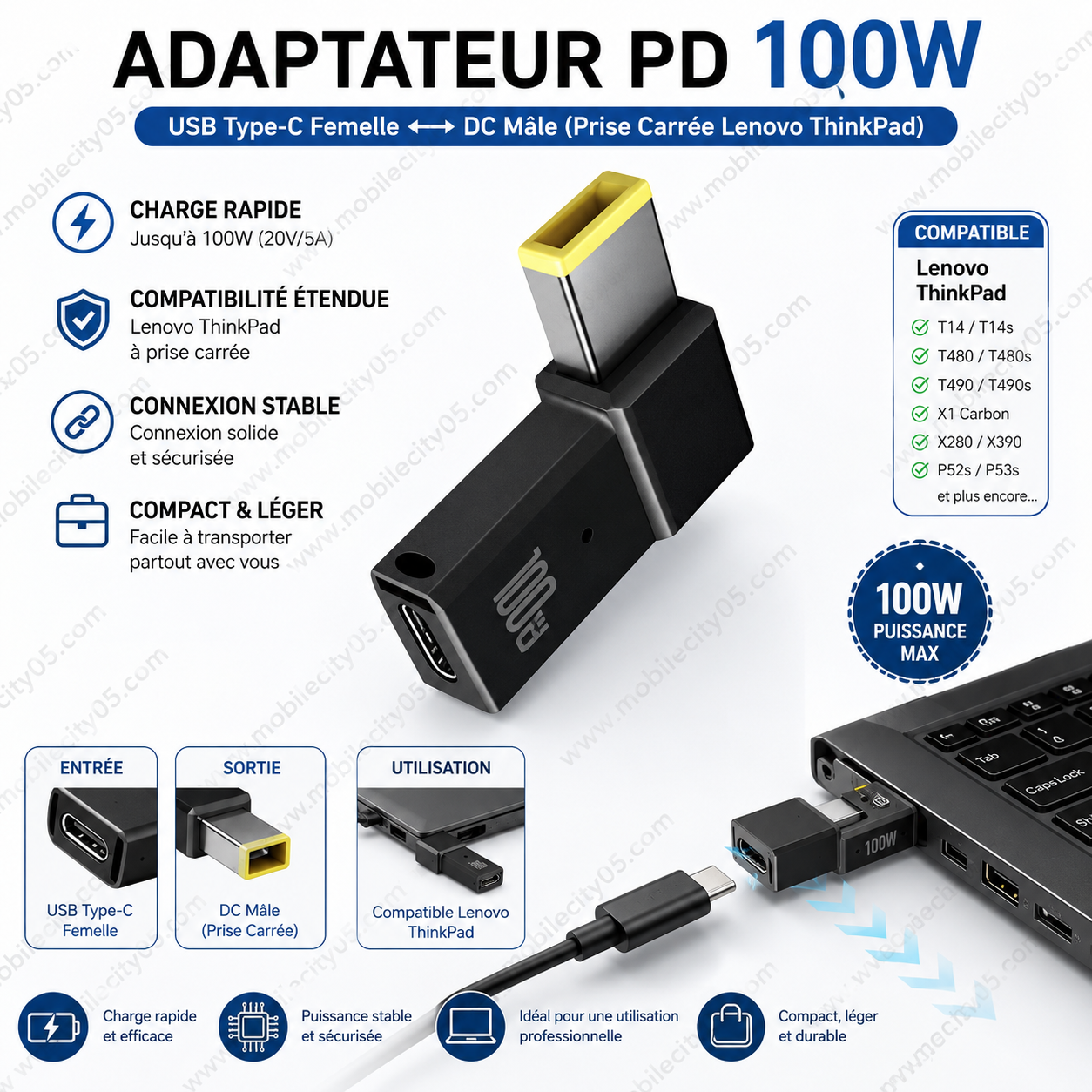 Adaptateur PD 100W–USB Type-C Femelle ↔ DC Mâle (Prise Carrée Lenovo ThinkPad)