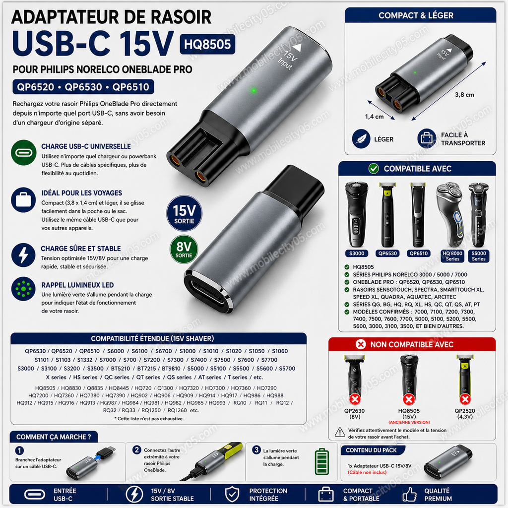 Adaptateur de rasoir USB-C 15V HQ8505 – pour Philips Norelco OneBlade Pro QP6520 QP6530 QP6510