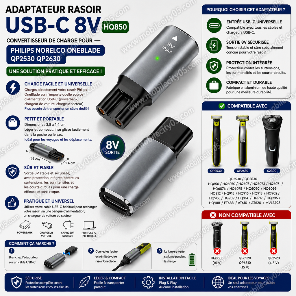Adaptateur de rasoir USB-C 8V HQ850 – Convertisseur de charge pour Philips Norelco OneBlade QP2530 QP2630