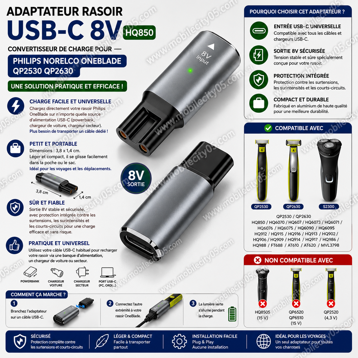 Adaptateur de rasoir USB-C 8V HQ850 – Convertisseur de charge pour Philips Norelco OneBlade QP2530 QP2630