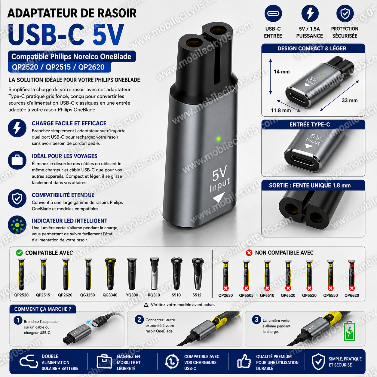 Adaptateur de rasoir USB-C 5V – Compatible Philips Norelco OneBlade QP2520 / QP2515 / QP2620