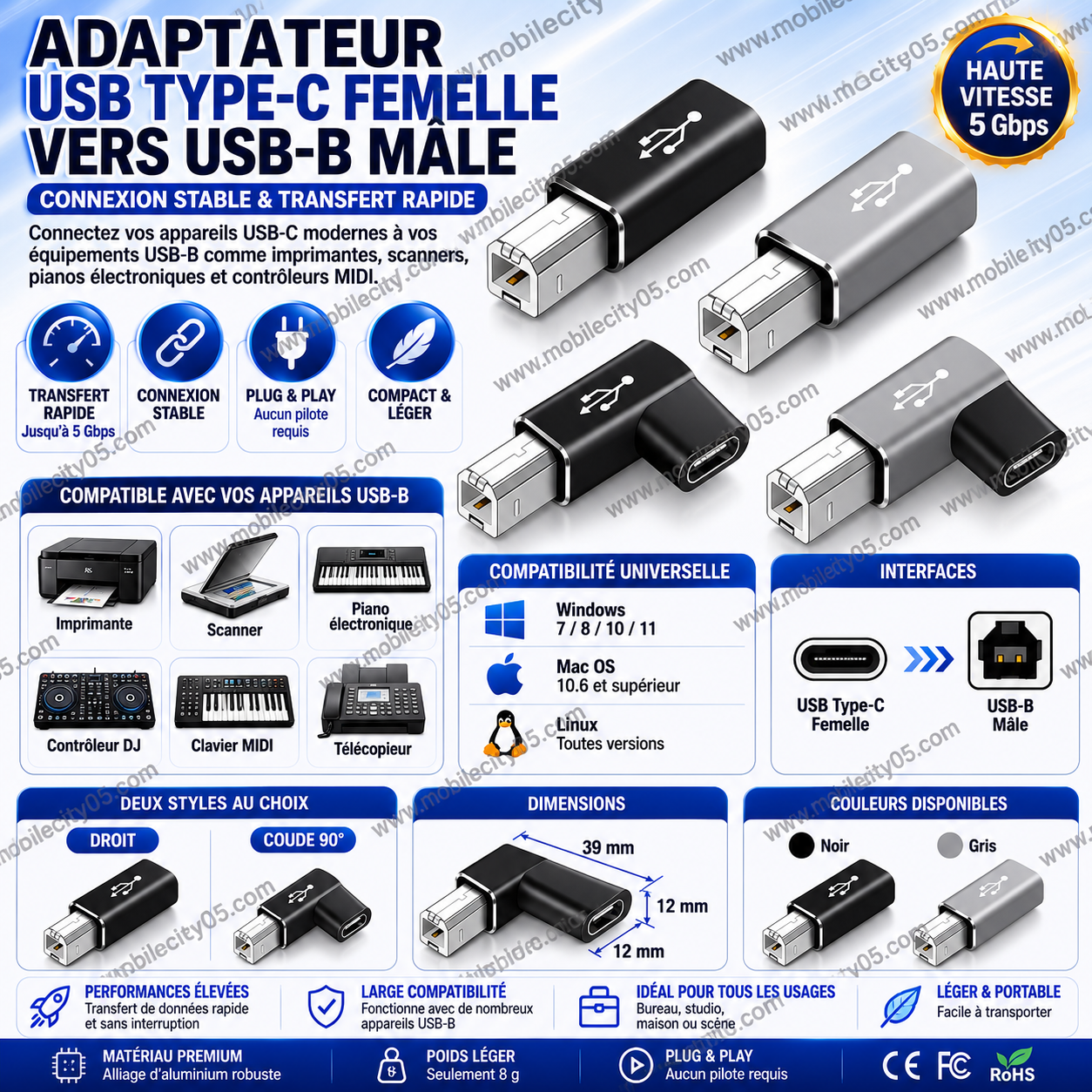 Adaptateur USB Type-C femelle vers USB-B mâle – Convertisseur haute vitesse pour imprimante, scanner, piano, contrôleur MIDI