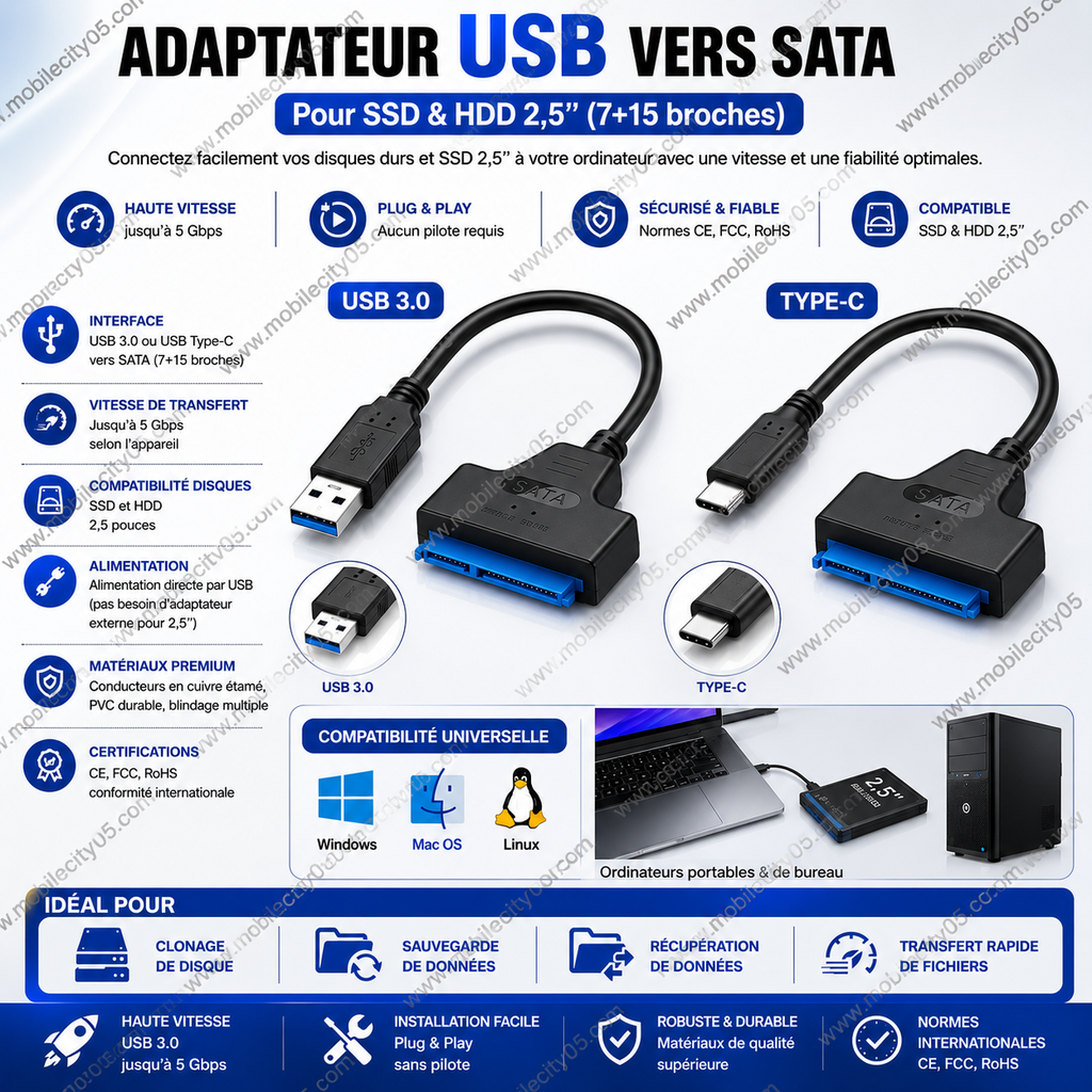 Adaptateur USB vers SATA (7+15 broches) – Pour SSD & HDD 2,5’’