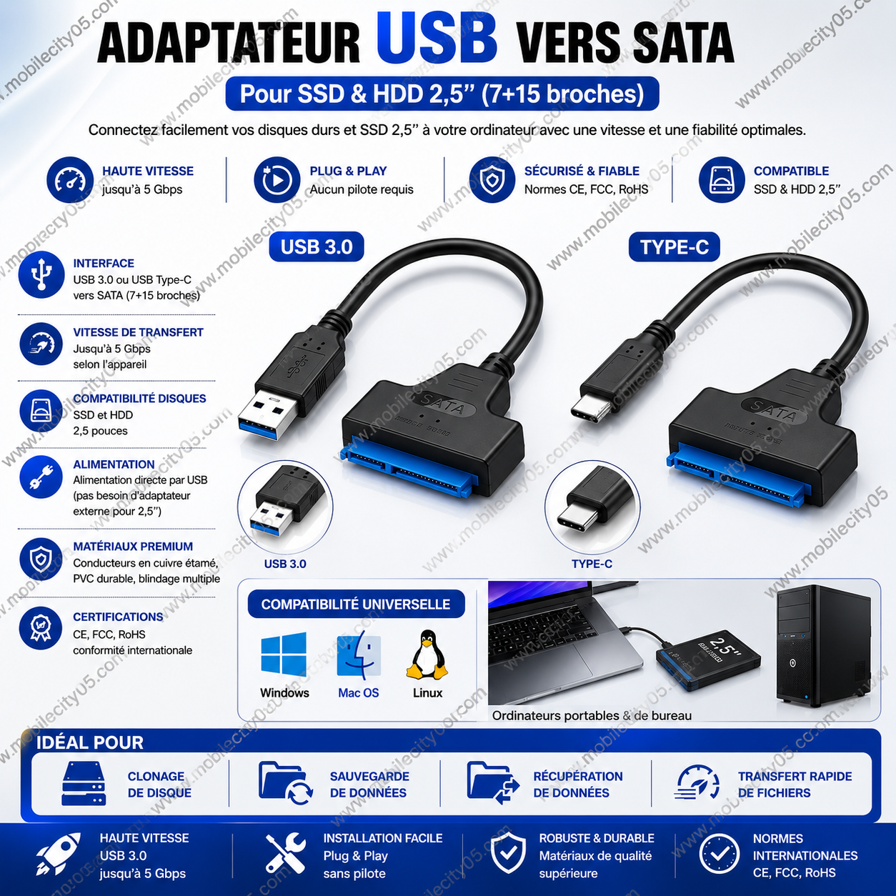 Adaptateur USB vers SATA (7+15 broches) – Pour SSD & HDD 2,5’’