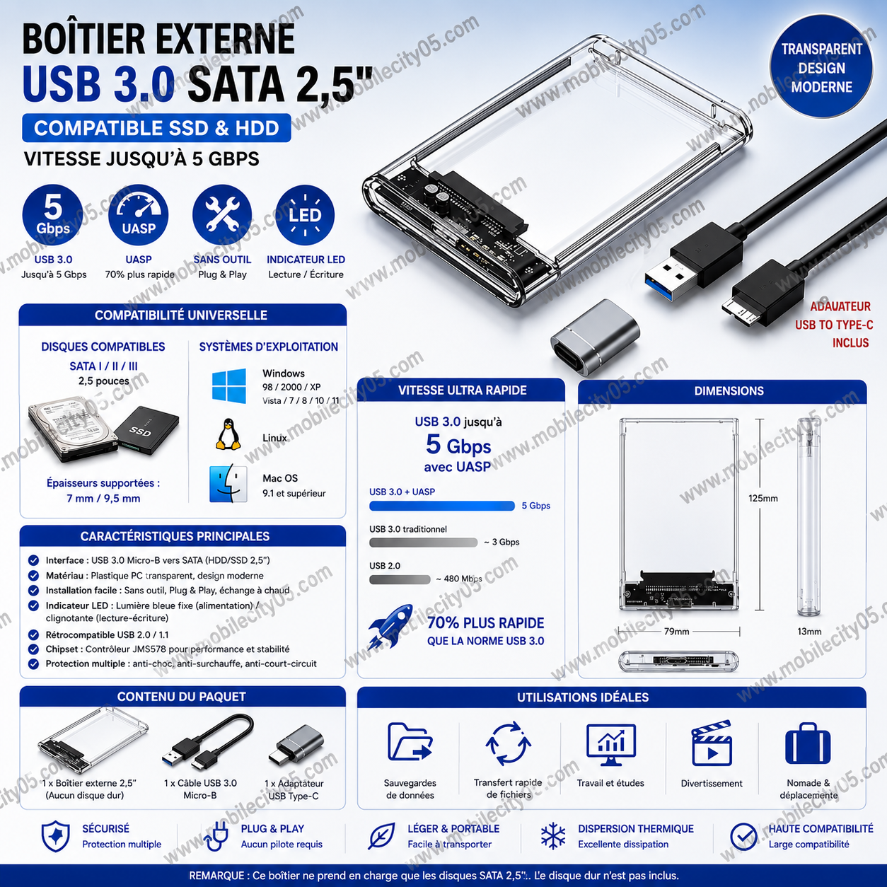 Boîtier de disque dur externe USB 3.0 SATA 2,5" – Transparent