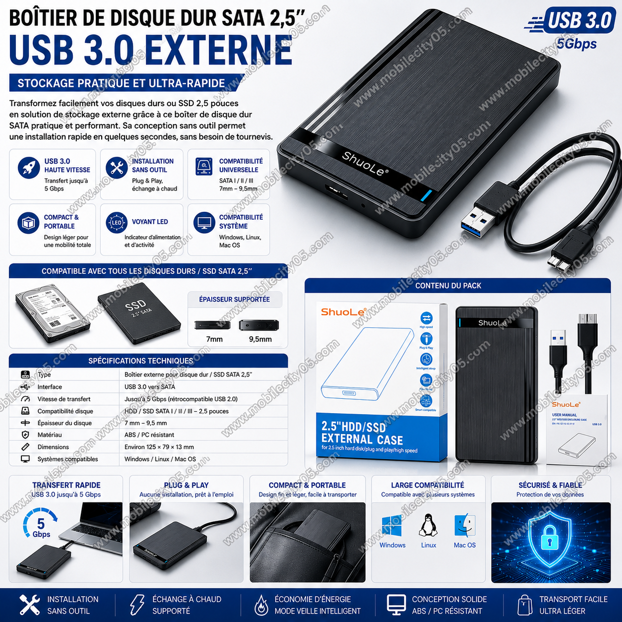 Boîtier de disque dur SATA 2,5’’ – USB 3.0 externe sans outil