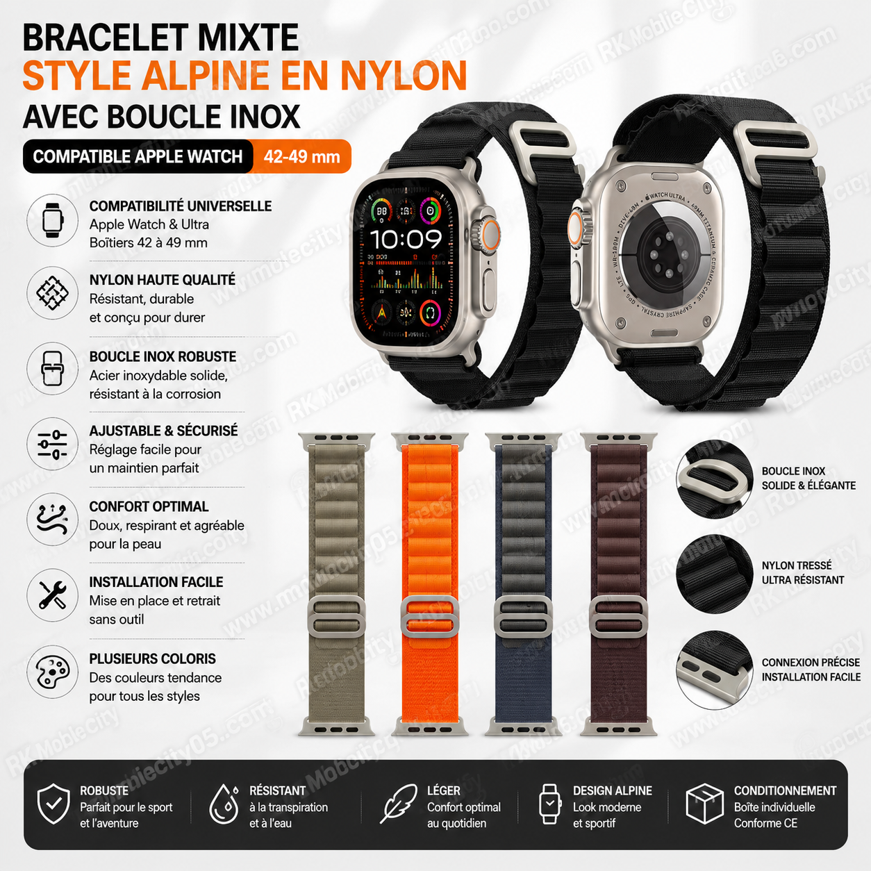 Bracelet Mixte Style Alpine en Nylon avec Boucle Inox 42-49 mm