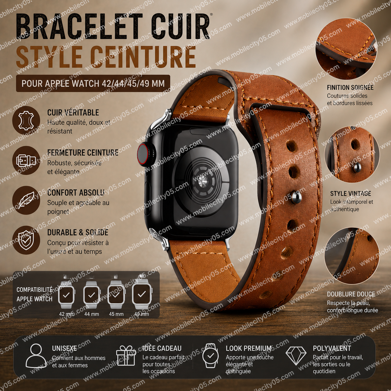 Bracelet cuir style ceinture 42/49 mm