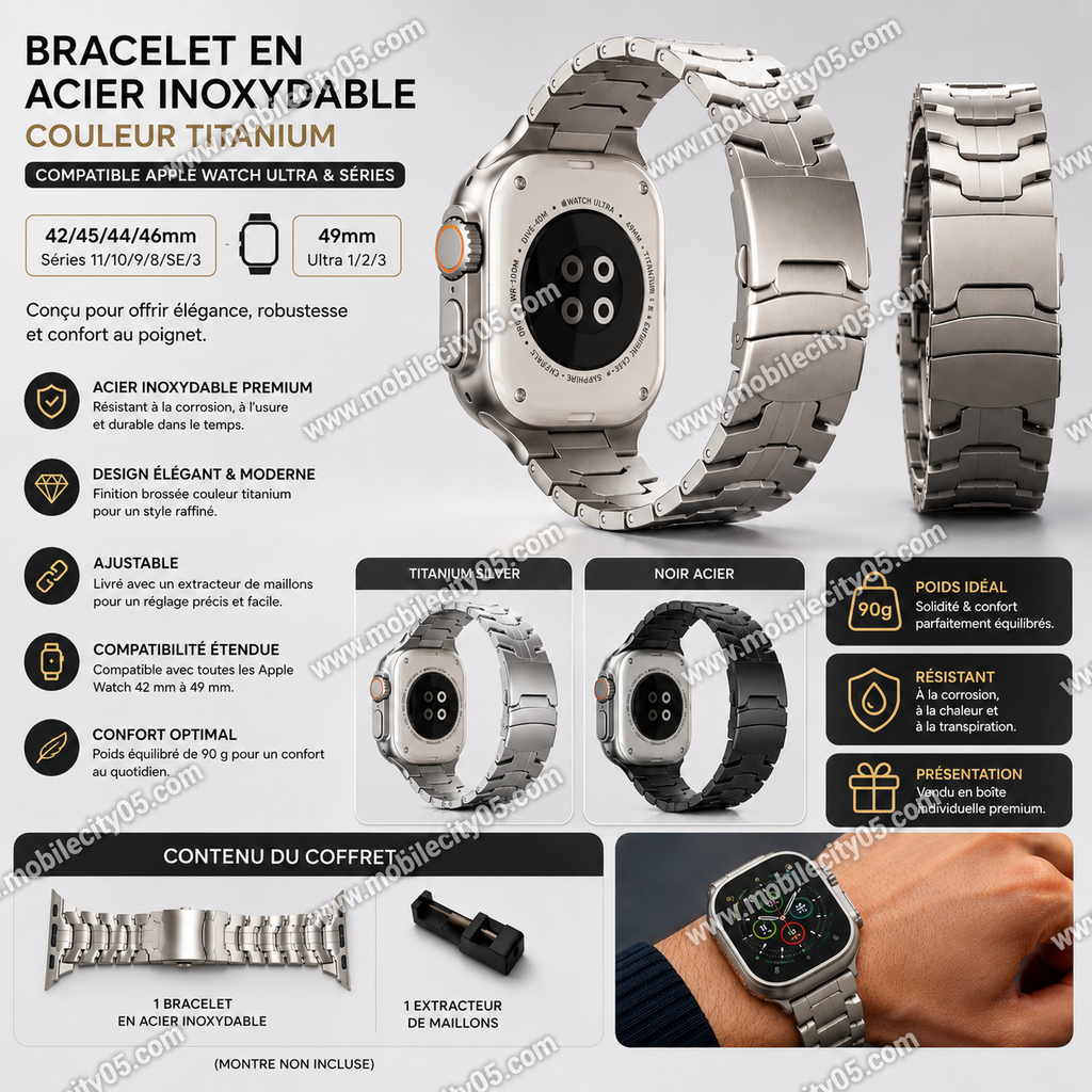 Bracelet en acier inoxydable couleur titanium compatible Apple Watch Utra