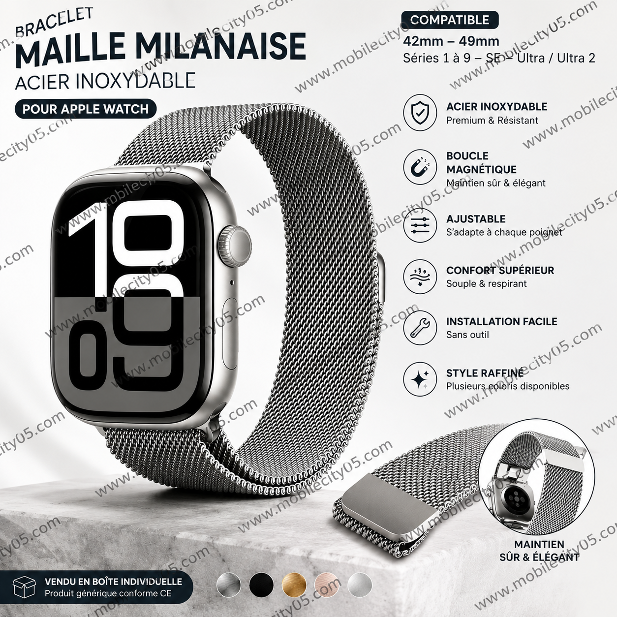 Bracelet Maille Milanaise en Acier Inoxydable 42-49 mm