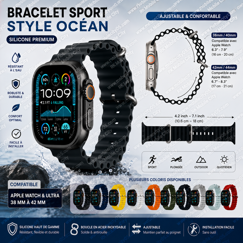 Bracelet Sport Style Océan Silicone 38 à 42 mm