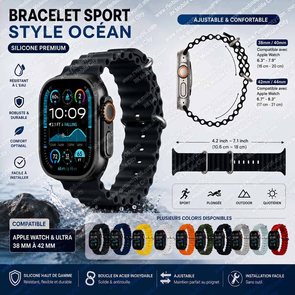 Bracelet Sport Style Océan Silicone 38 à 42 mm