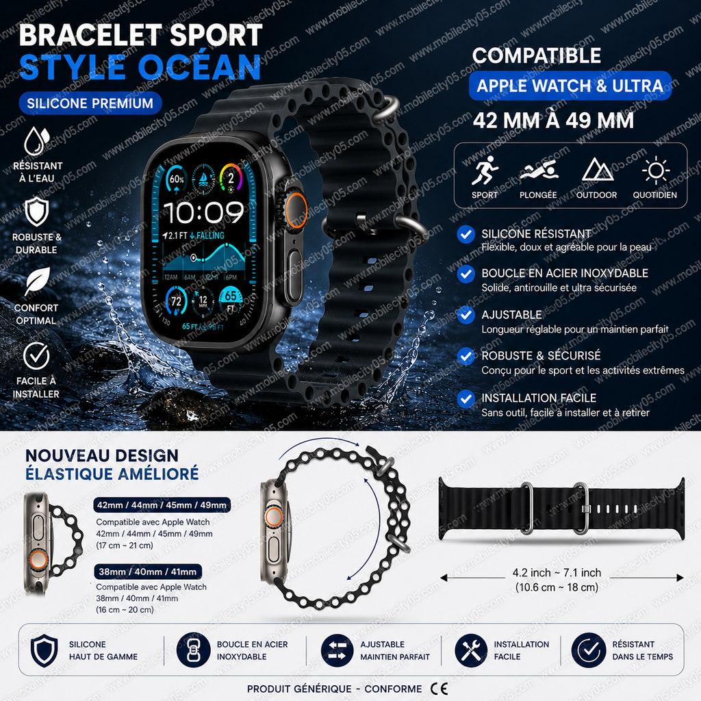 Bracelet Sport Style Océan Silicone 42 à 49 mm
