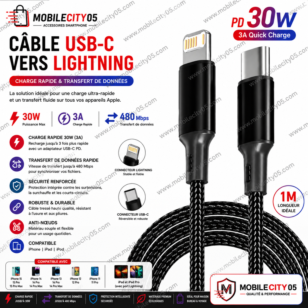 Câble USB-C vers Lightning – 30W 3A
