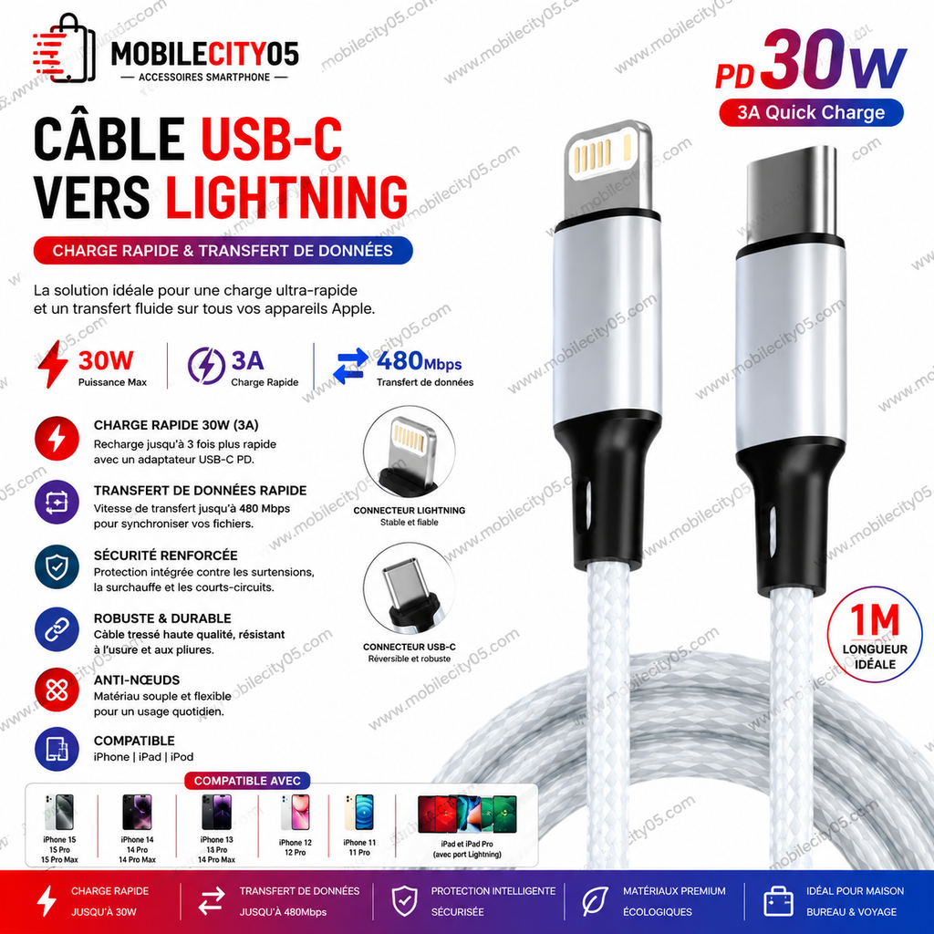 Câble USB-C vers Lightning – 30W 3A