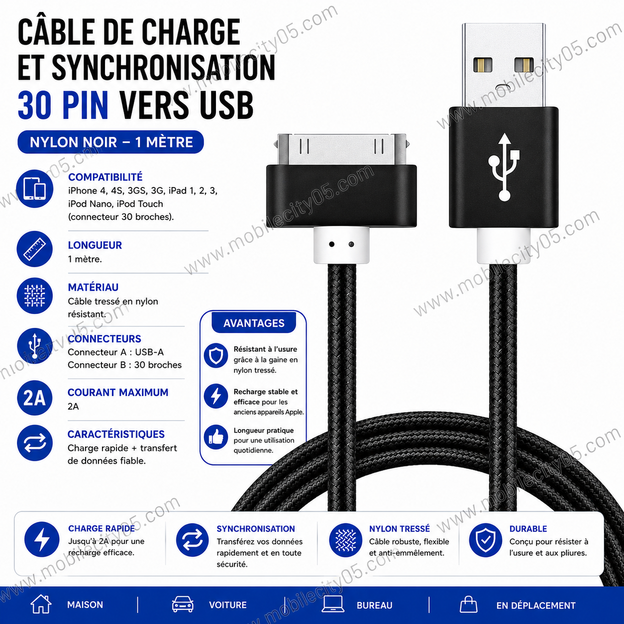 Câble de Charge et Synchronisation 30 Pin vers USB – Nylon Noir 1 m