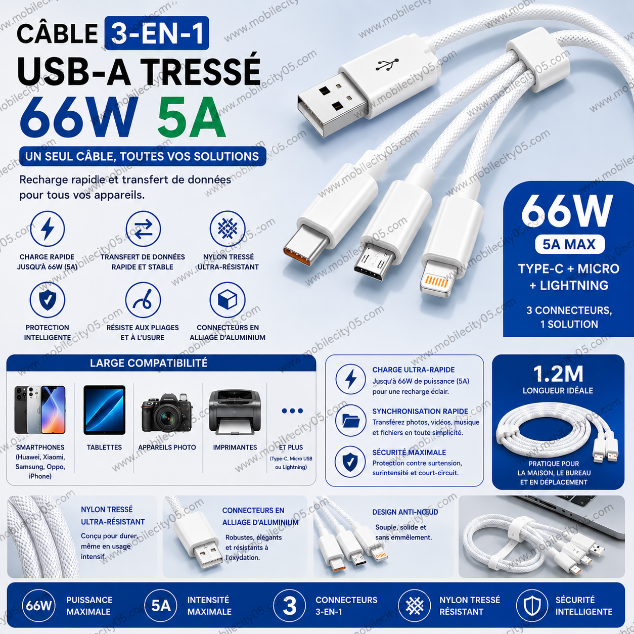 Câble USB-A 3-en-1 Tressé 66W 5A