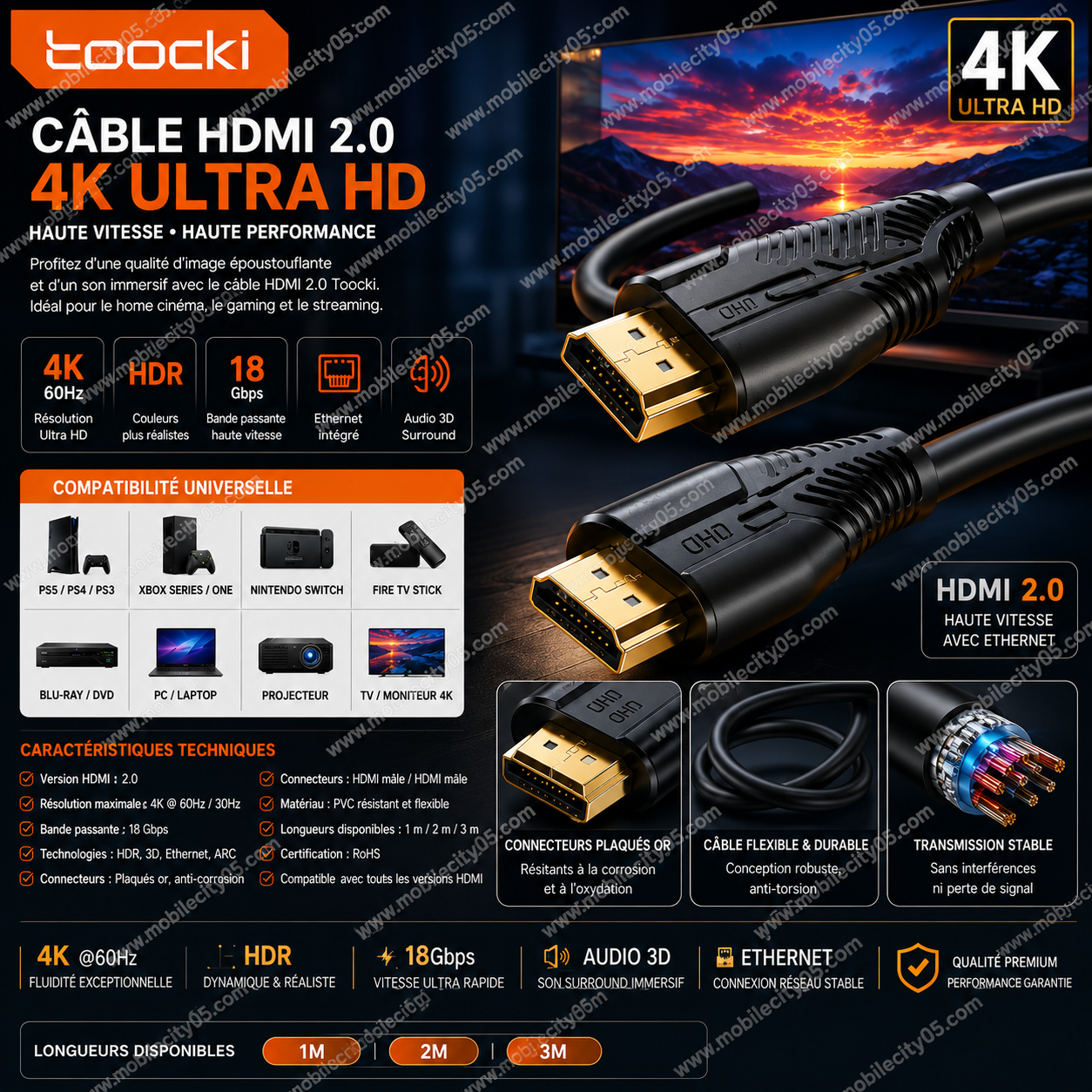Toocki – Câble HDMI 2.0 Haute Vitesse 4K 60Hz HDR Ethernet