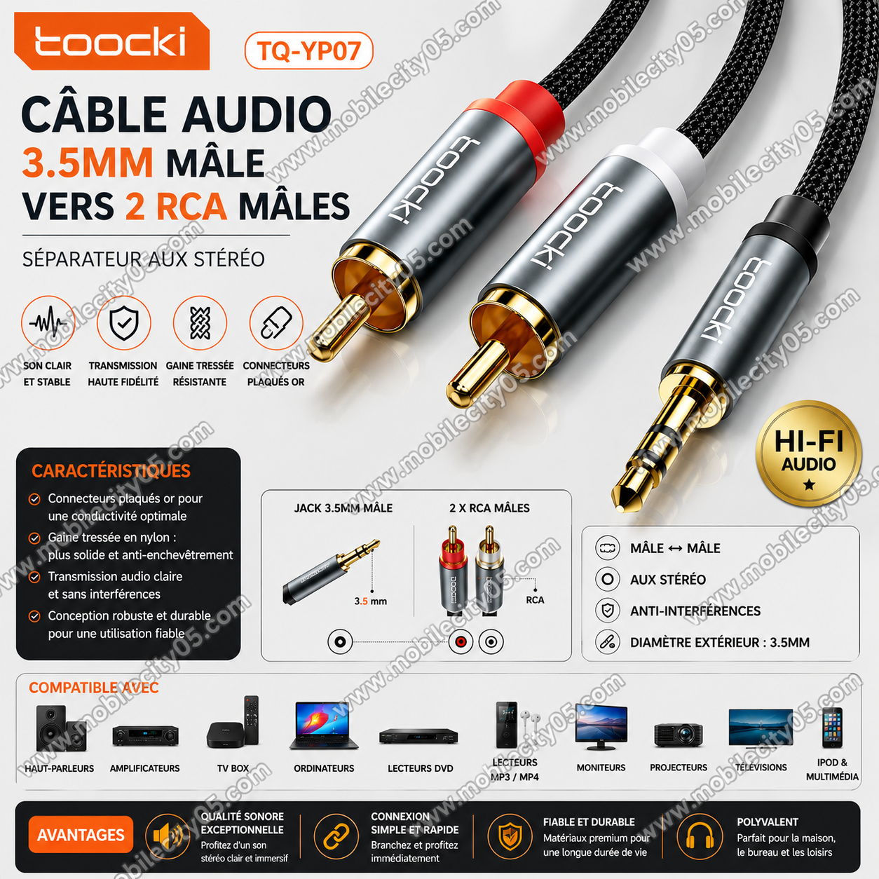 Câble Audio Toocki 3.5mm Mâle vers 2 RCA – Séparateur AUX