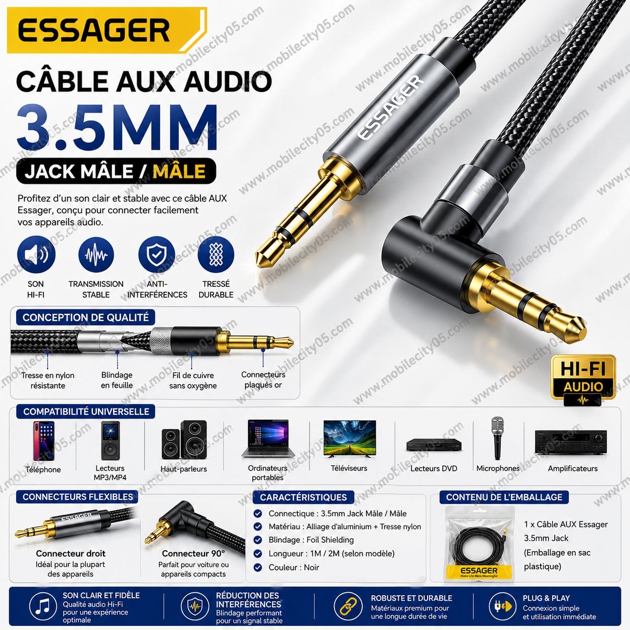 Essager – Câble AUX Audio 3.5mm Jack Mâle/Mâle