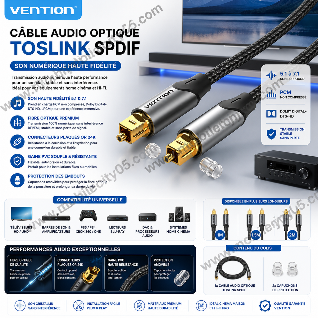 Vention Câble Audio Optique Numérique Toslink SPDIF | Haute Qualité Fibre Optique 1 mètre