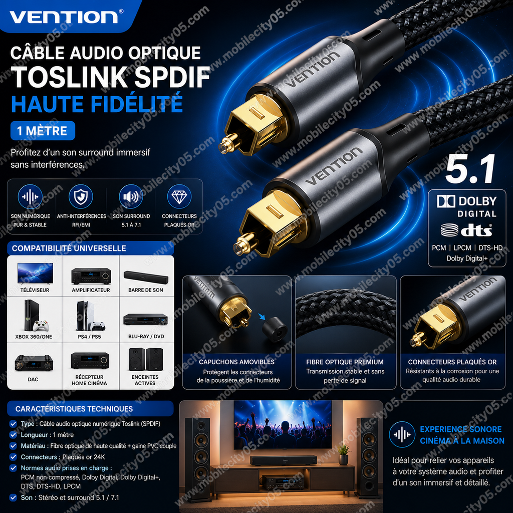 Vention Câble Audio Optique Numérique Toslink SPDIF – 1 mètre