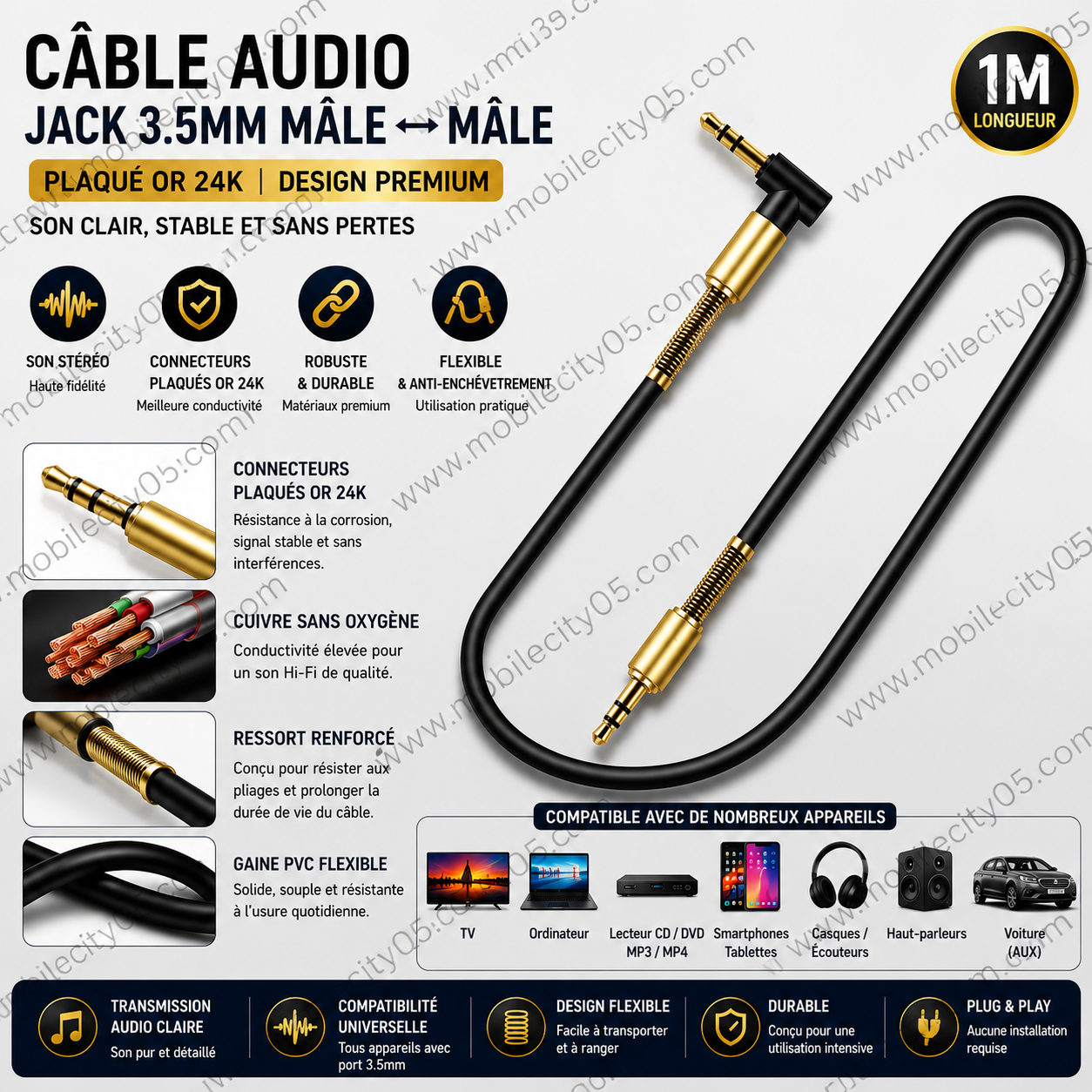 Câble Audio Jack 3.5mm Mâle ↔ Mâle – Plaqué Or, Design Ressort