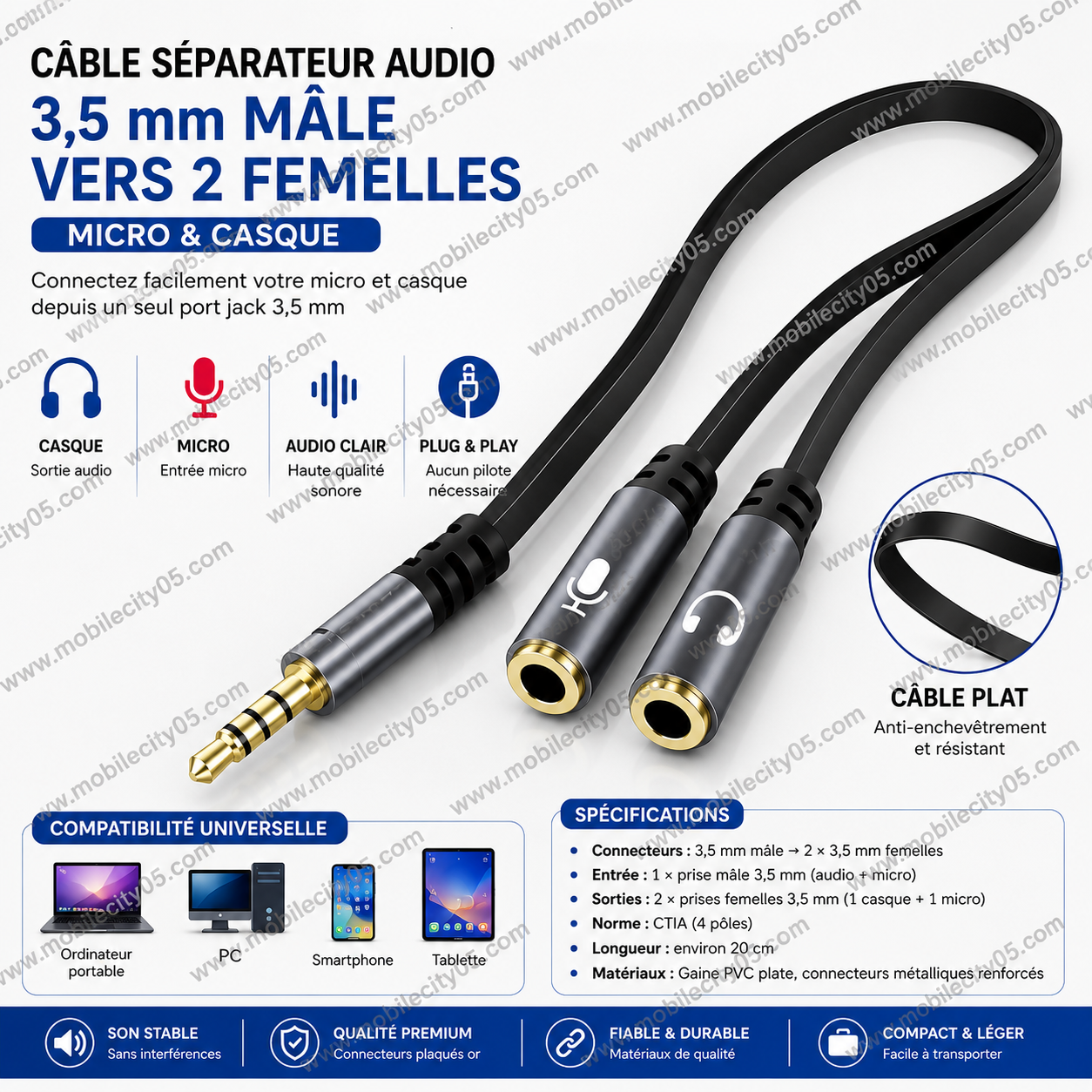 Câble séparateur audio 3,5 mm mâle vers 2 femelles (micro et casque) – Forme plate