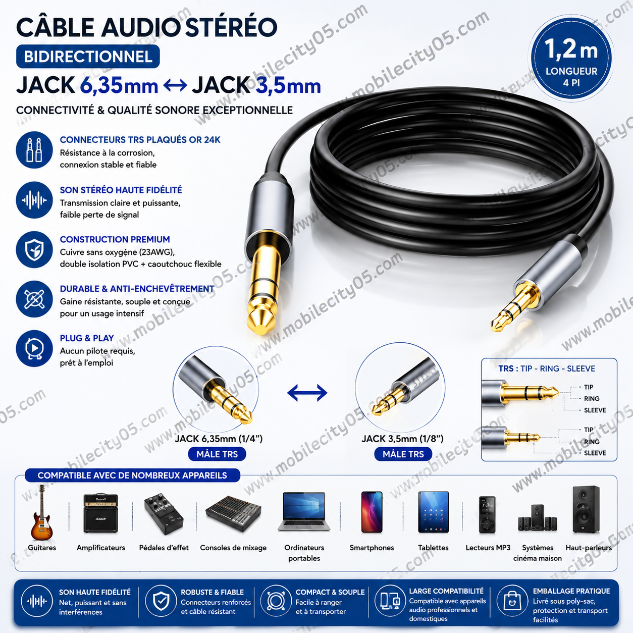 Câble Audio Stéréo Bidirectionnel–Jack 6, 35mm (1/4 ») Mâle ↔ Jack 3, 5mm (1/8 ») Mâle–1, 2 m