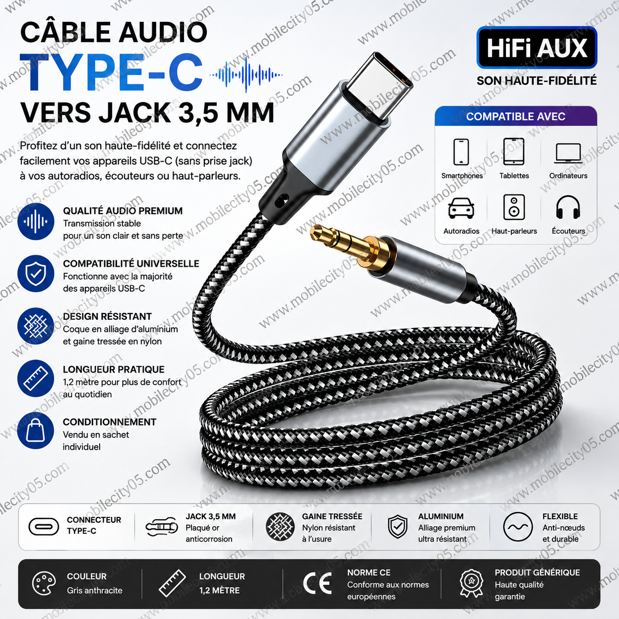 Câble Audio Auxiliaire Type-C vers Jack 3,5 mm