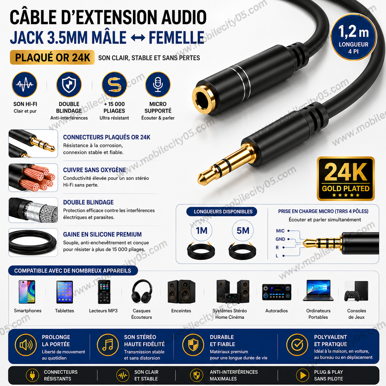 Câble d’Extension Audio Jack 3.5mm – Mâle ↔ Femelle, Plaqué Or 1 Mètre