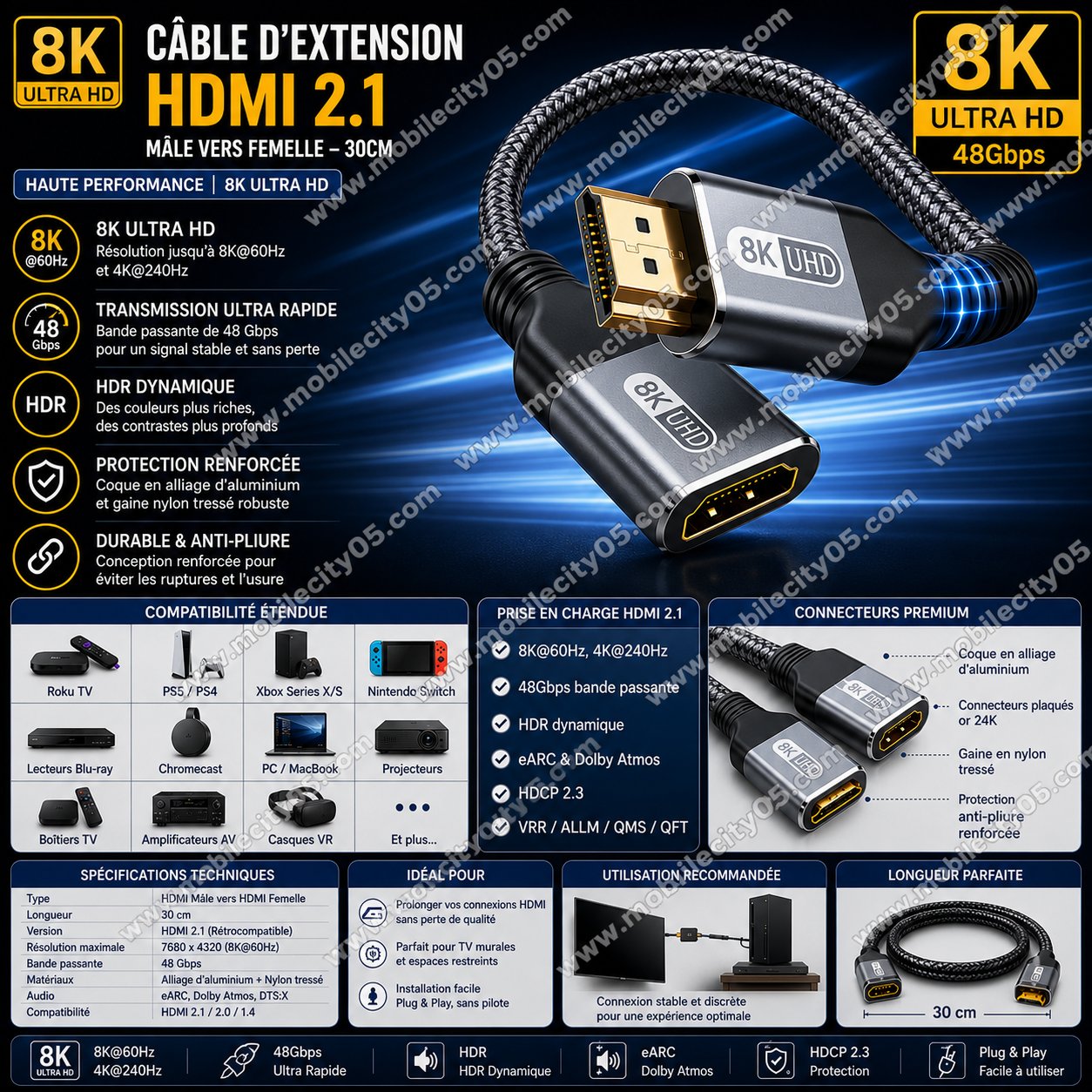 Câble d’extension HDMI 2.1 8K mâle vers femelle – Tressé, 30 cm