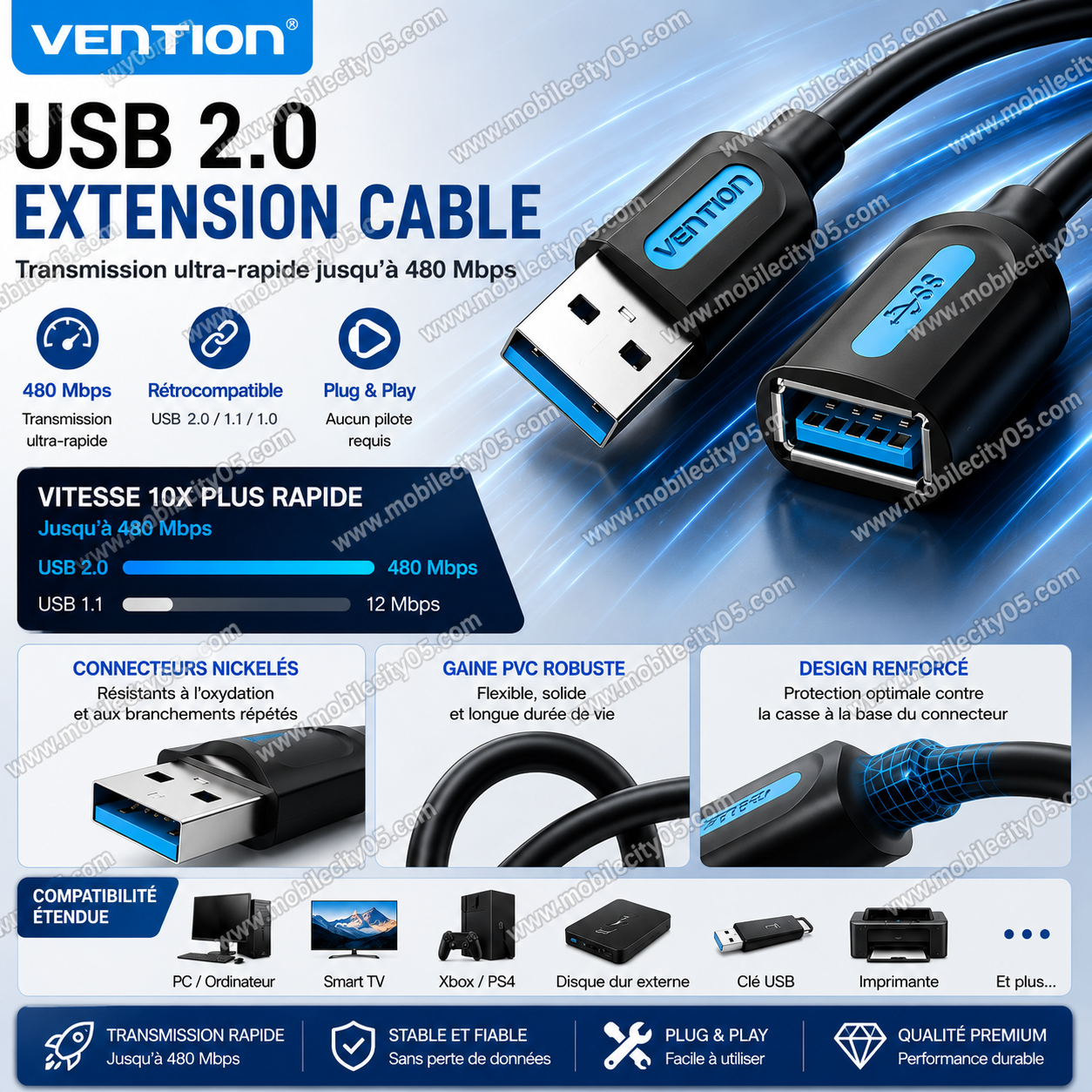 Câble Vention USB 2.0 – Rallonge de câble d’extension rapide pour PC, Smart TV, Xbox, SSD, périphériques USB