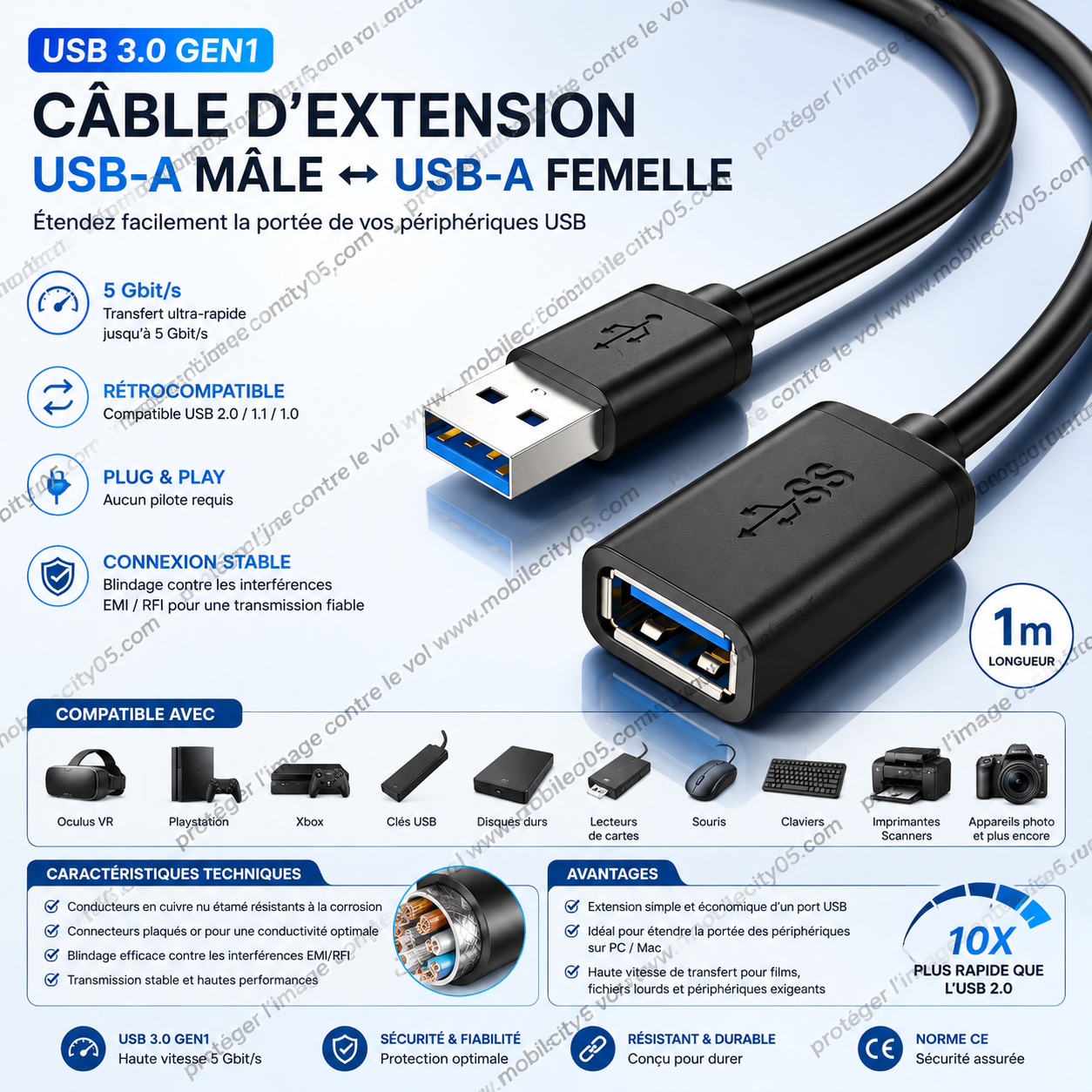 Câble d’Extension USB 3.0 GEN1 – Mâle ↔ Femelle 1 m