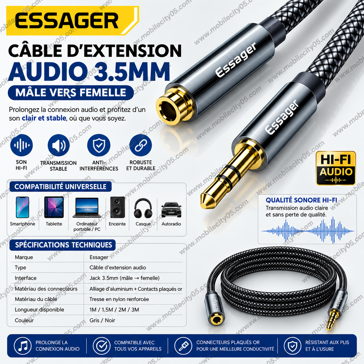 Essager – Câble d’extension audio 3.5mm