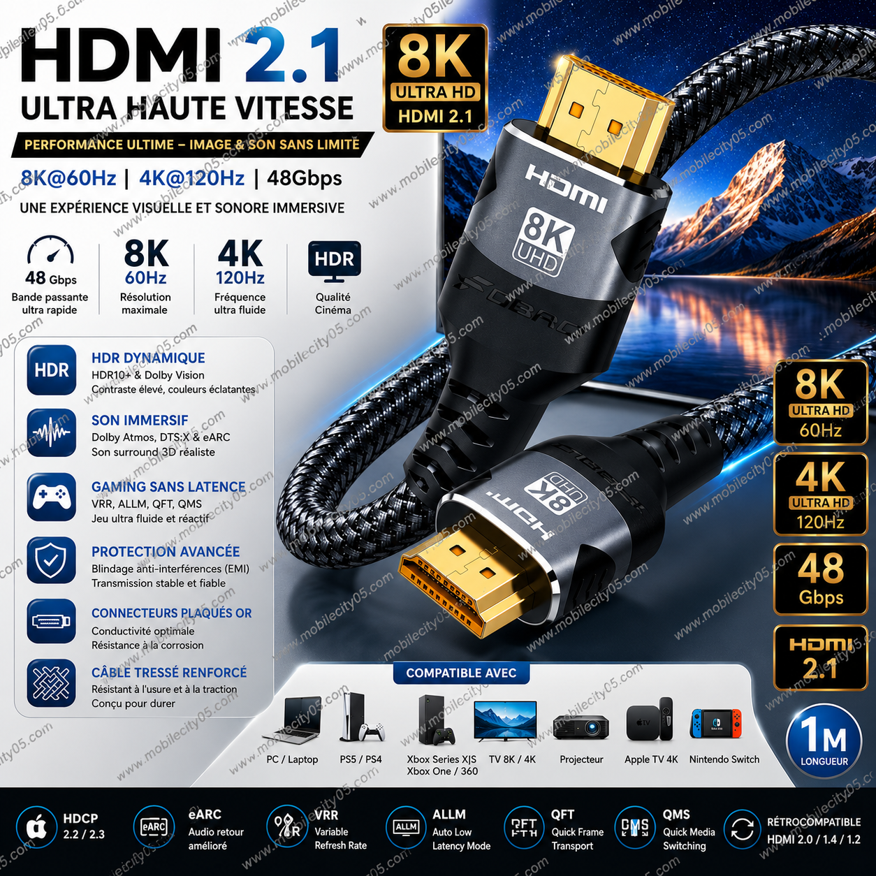 Câble HDMI 2.1 Ultra Haute Vitesse – 8K/60Hz & 4K/120Hz – 48Gbps  1M