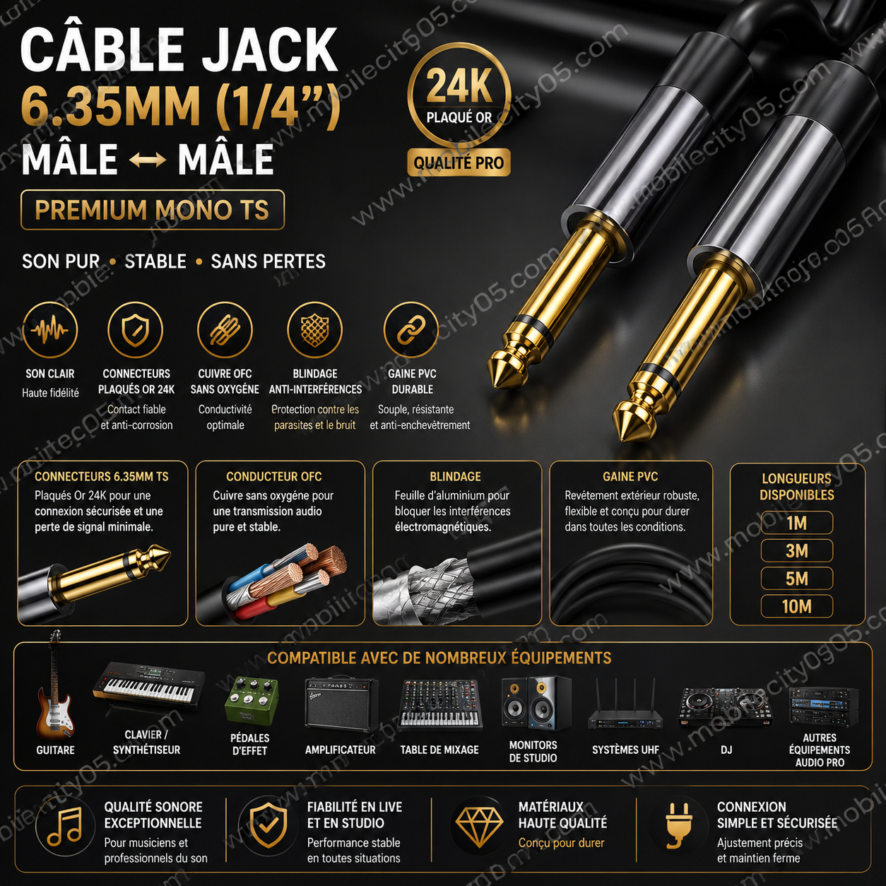 Câble Jack 6.35mm (1/4 Pouces) Mâle-Mâle – Premium Mono TS