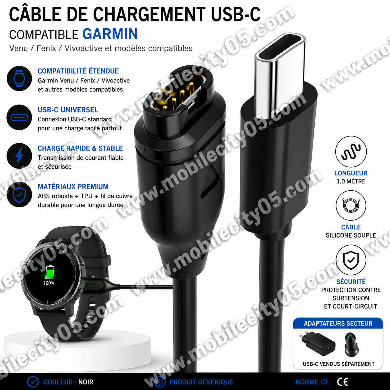 Câble de Chargement USB-C – Compatible Garmin Venu / Fenix / Vivoactive