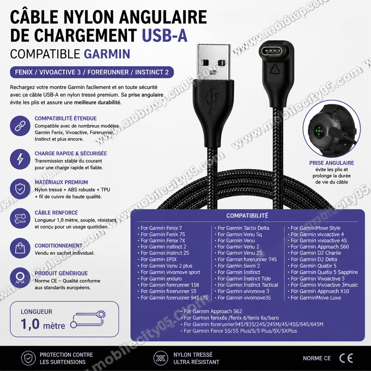 Câble Nylon Angulaire de Chargement USB-A – Compatible Garmin Fenix / Vivoactive 3 / Forerunner / Instinct 2