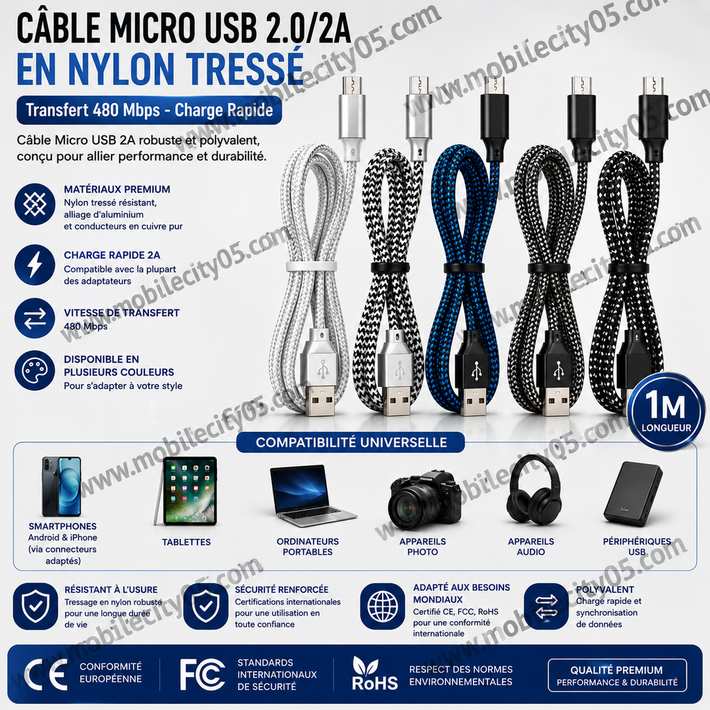Câble Micro USB 2.0/2A en Nylon Tressé – Transfert 480 Mbps