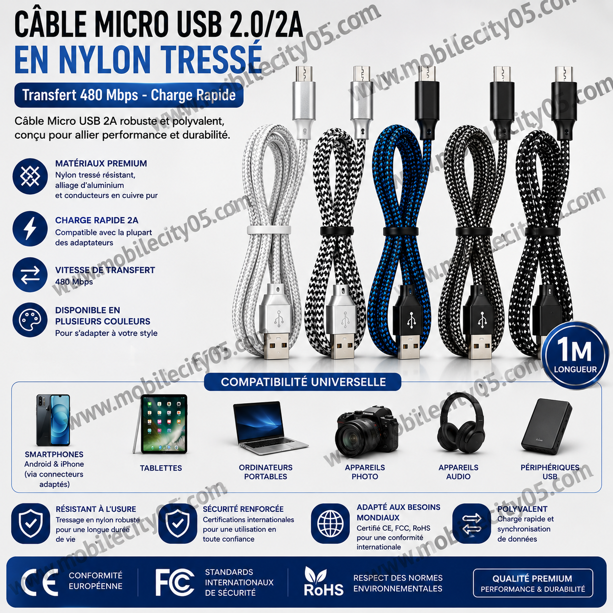 Câble Micro USB 2.0/2A en Nylon Tressé – Transfert 480 Mbps