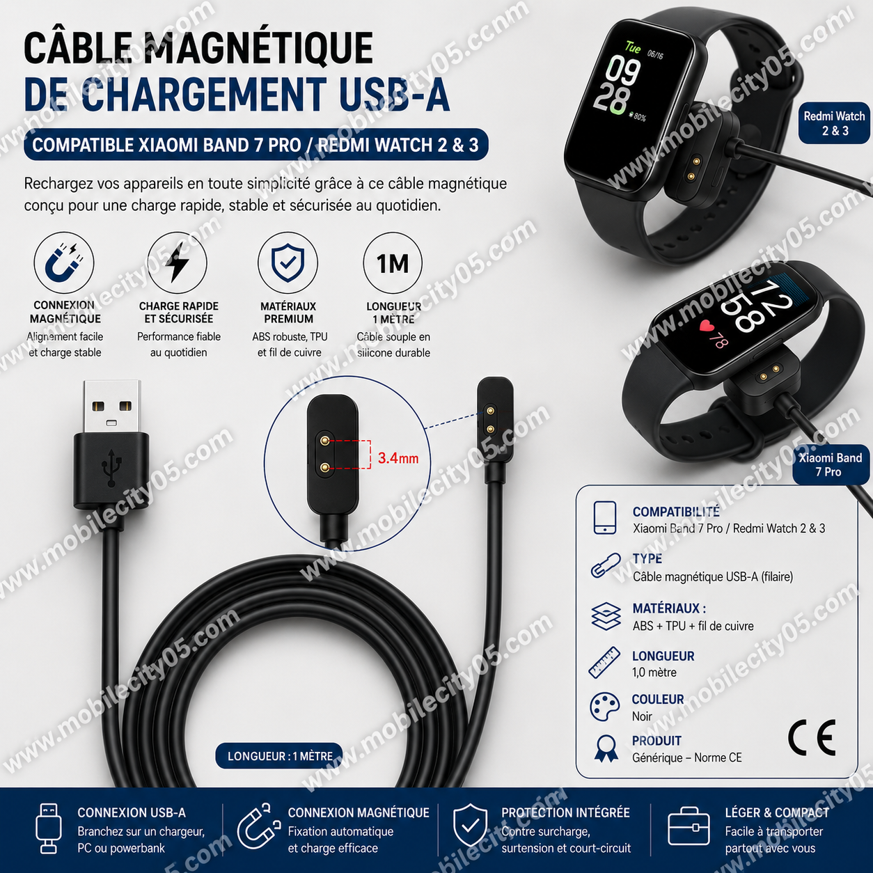 Câble Magnétique de Chargement USB-A – Compatible Xiaomi Band & Redmi Watch