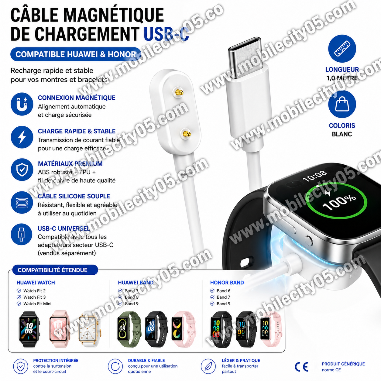 Câble Magnétique de Chargement USB-C – Compatible Huawei Watch & Honor Band