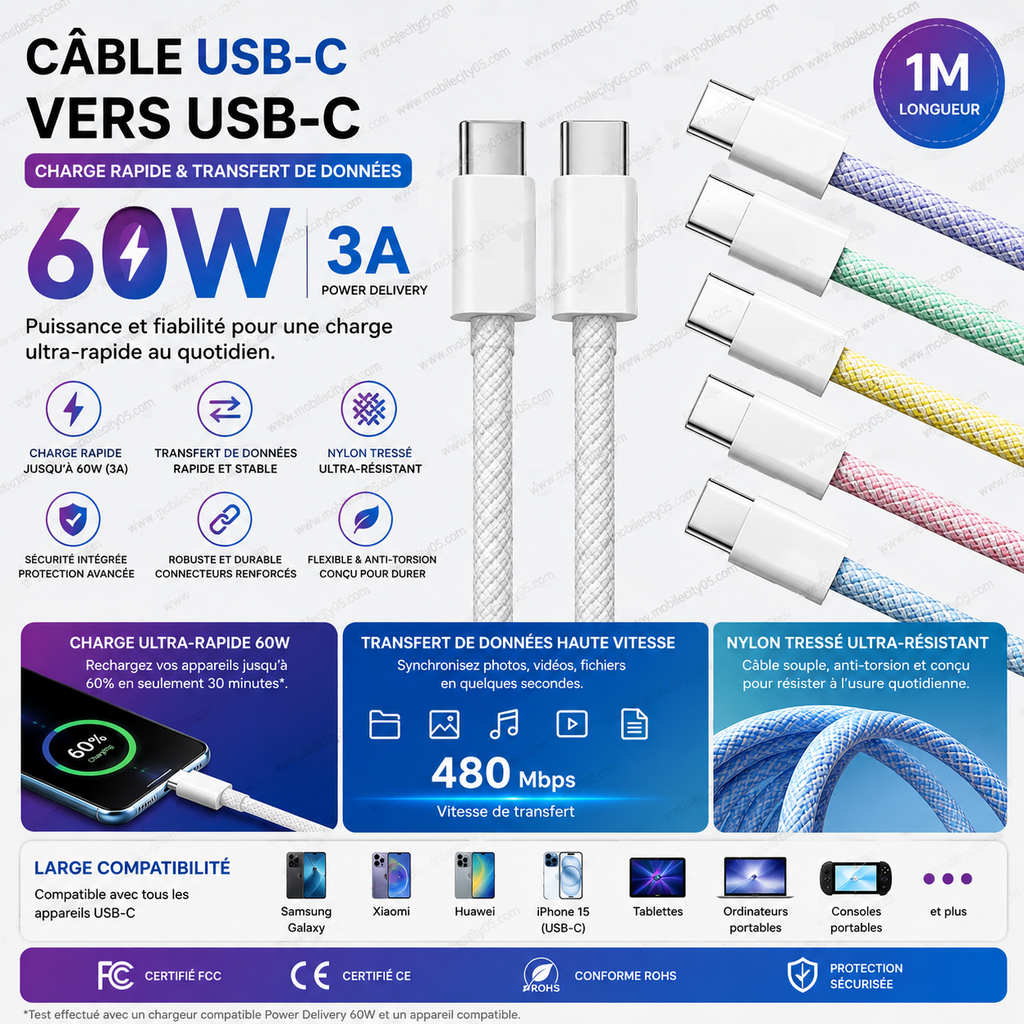 Câble USB-C Tressé en Nylon – Charge Rapide 60W