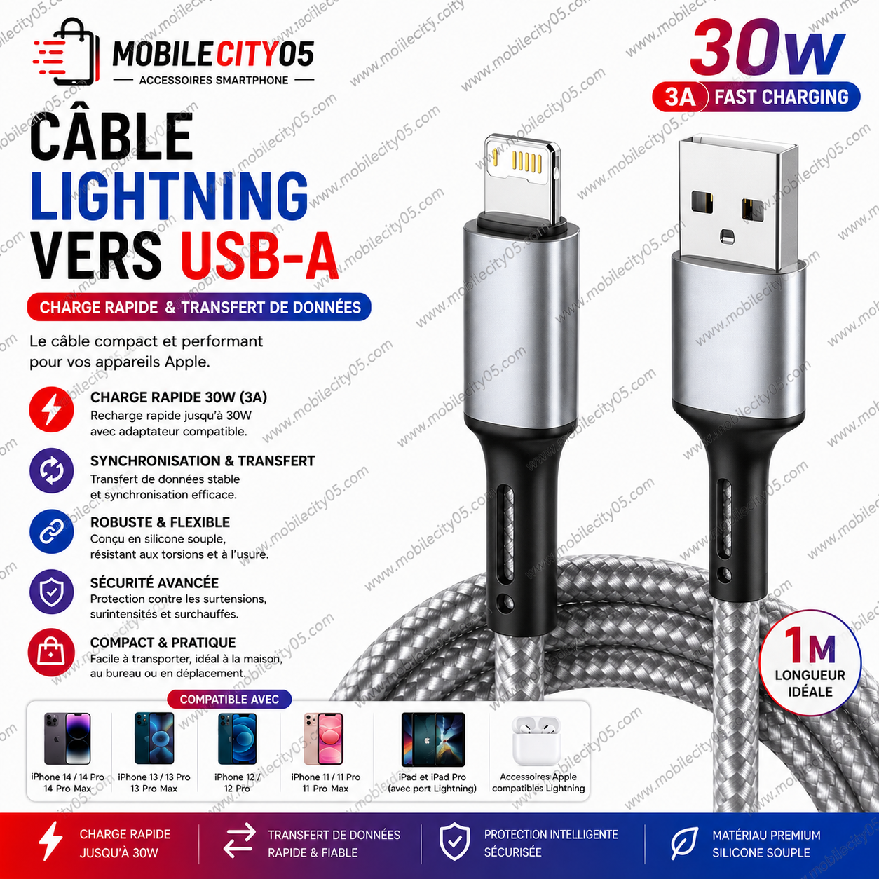 Câble Lightning 30W – Charge Rapide & Transfert de Données