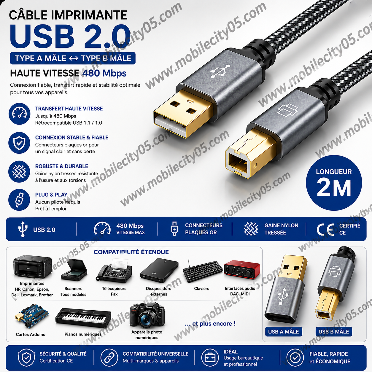 Câble Imprimante USB 2.0 – Type A Mâle ↔ Type B Mâle – Haute Vitesse 480 Mbps 2 m.